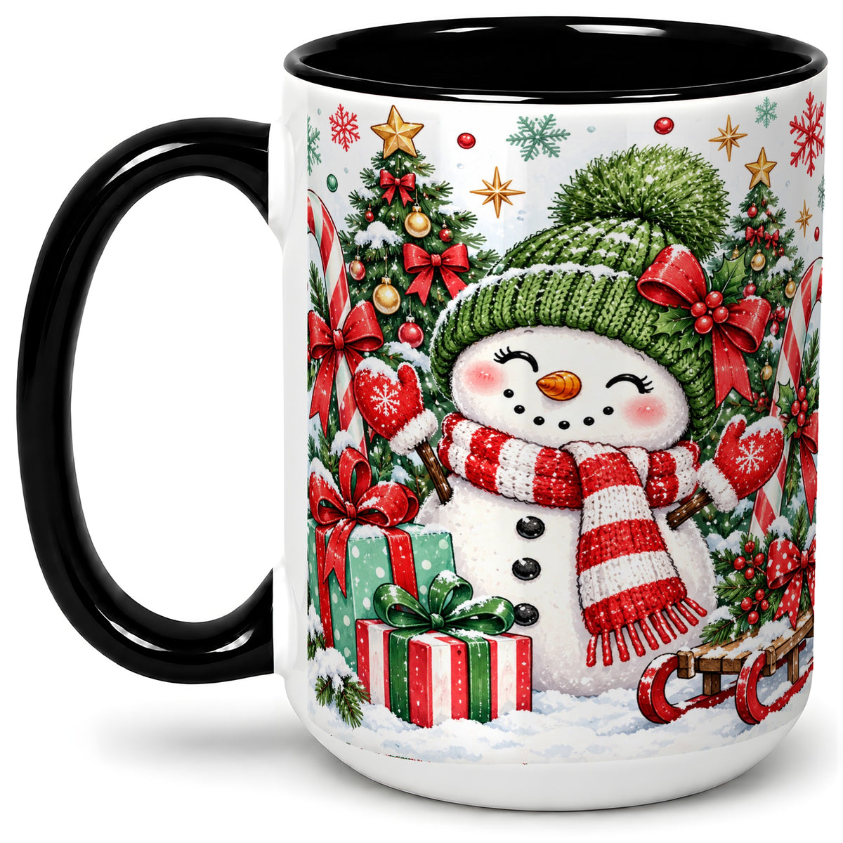 #pl[15oz|Black] Christmas Snowman Ceramic Mug with Candy Cane Holiday Artwork