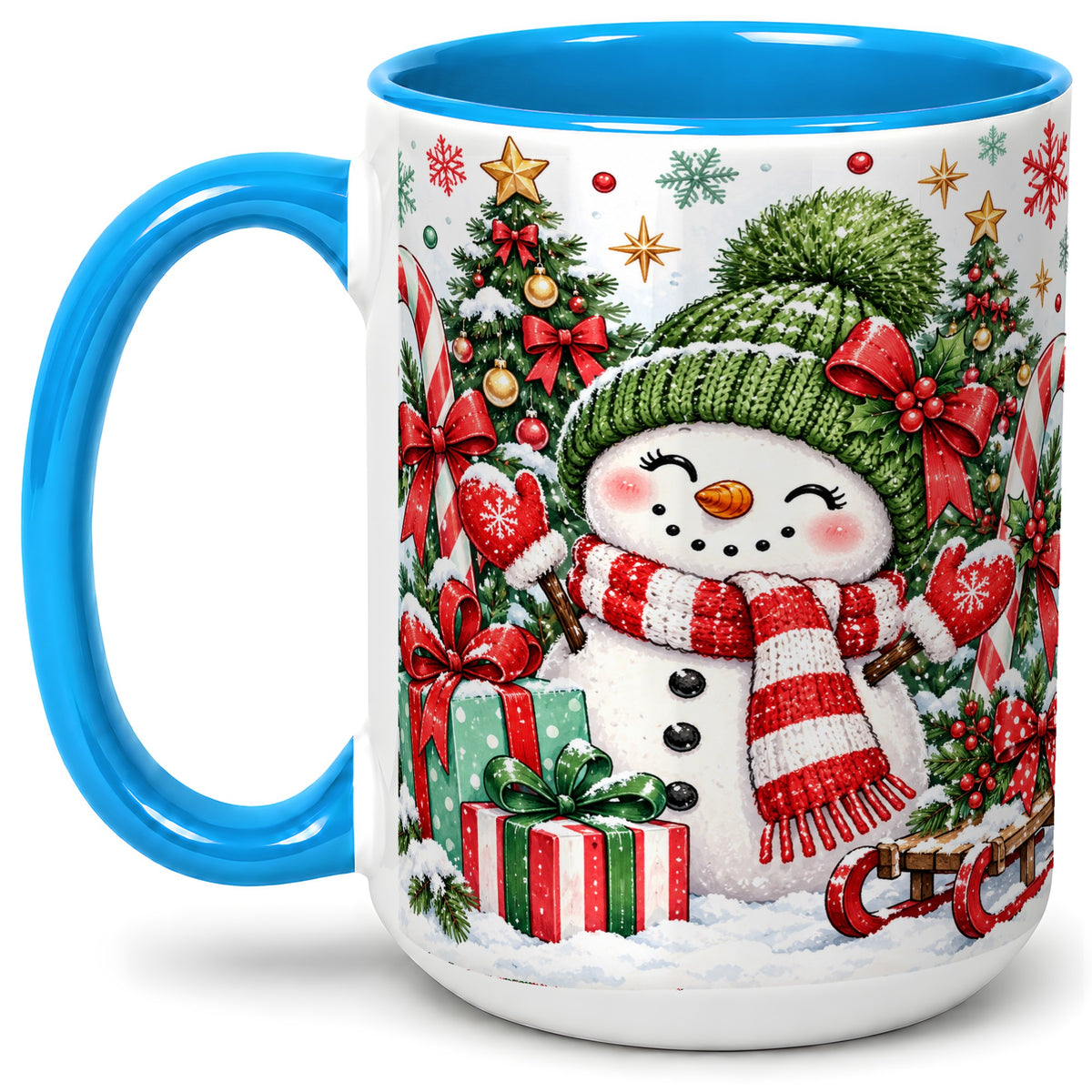 #pl[15oz|Blue] Christmas Snowman Ceramic Mug with Candy Cane Holiday Artwork