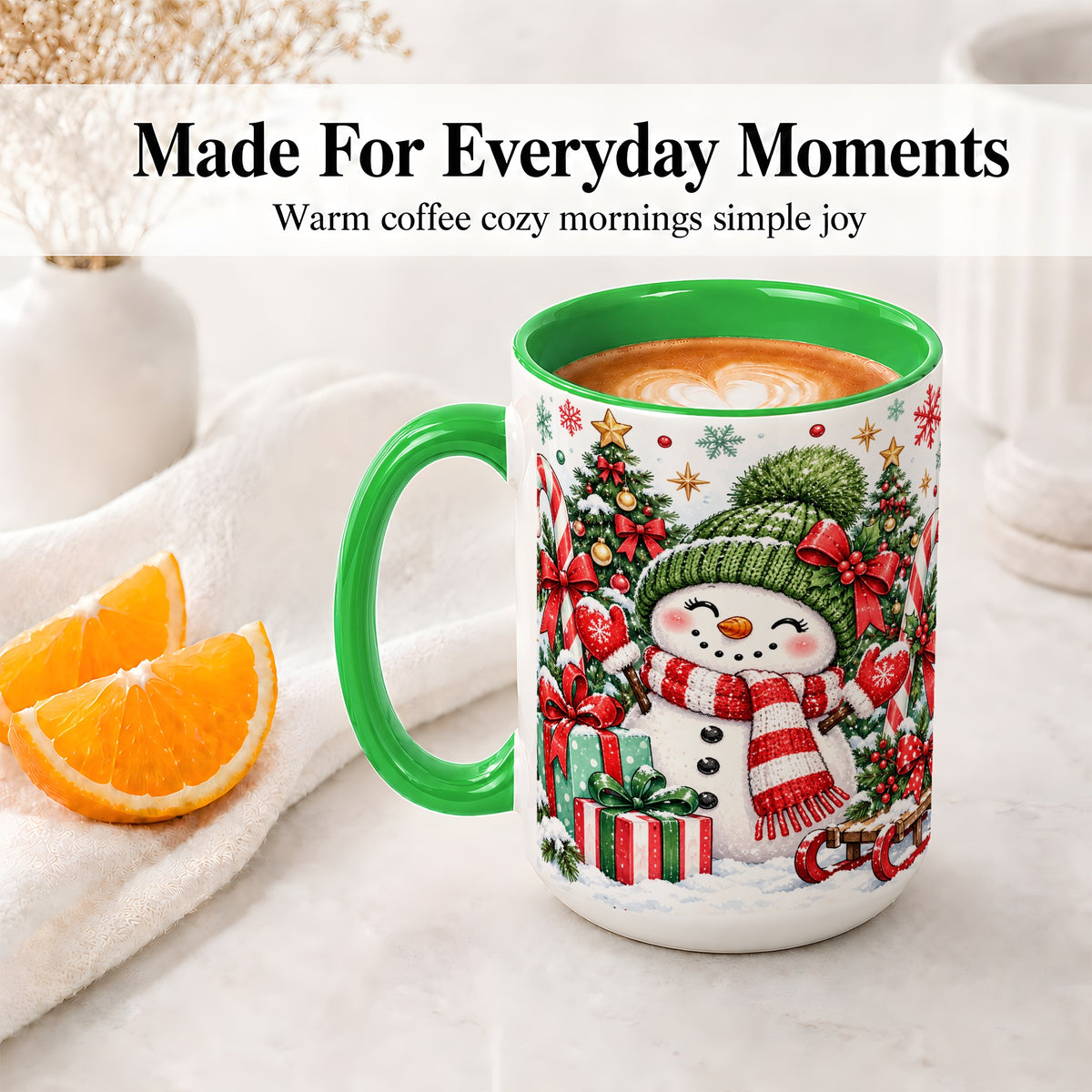 #pl[15oz|Green] Christmas Snowman Ceramic Mug with Candy Cane Holiday Artwork