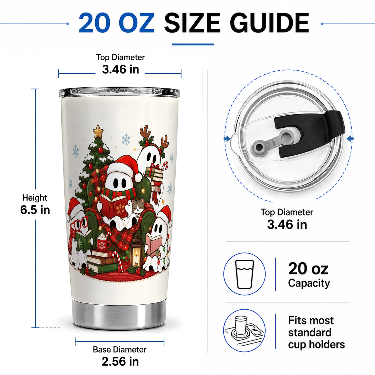 #pl[20oz|Steel] Christmas Reading Ghosts 20oz Tumbler, Stainless Steel for Book Lovers