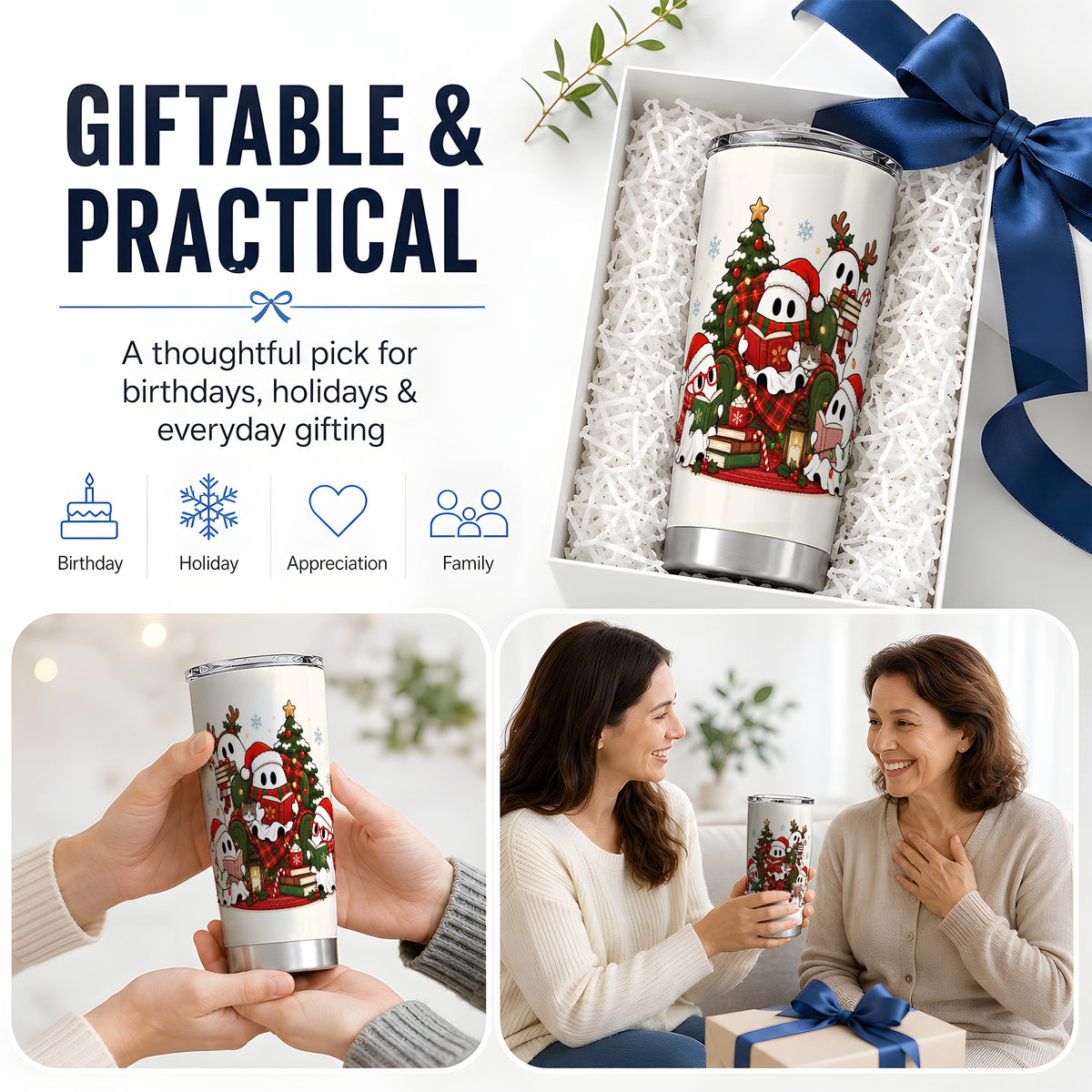 Christmas Reading Ghosts 20oz Tumbler, Stainless Steel for Book Lovers