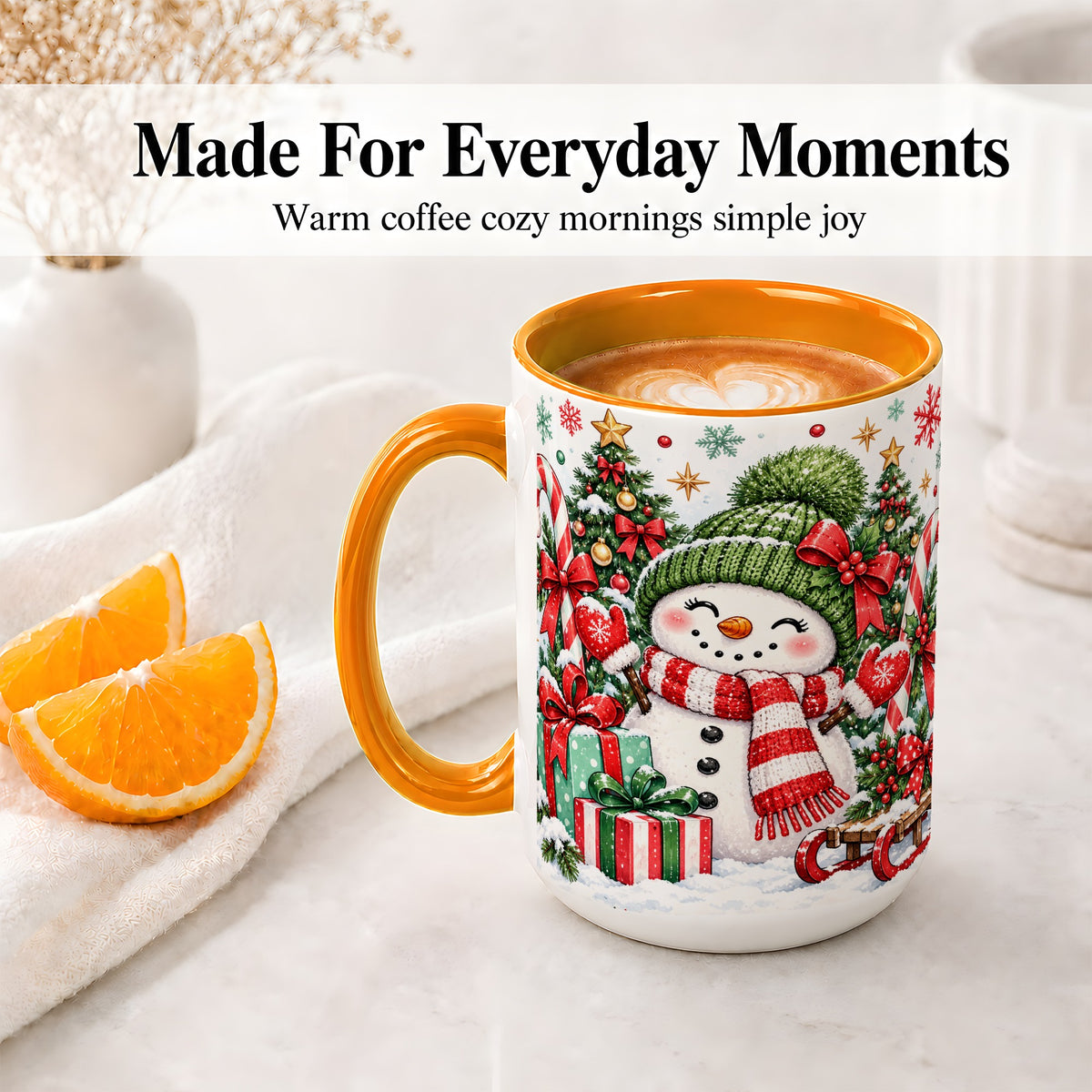 #pl[15oz|Orange] Christmas Snowman Ceramic Mug with Candy Cane Holiday Artwork