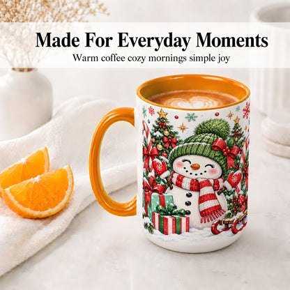 #pl[15oz|Orange] Christmas Snowman Ceramic Mug with Candy Cane Holiday Artwork