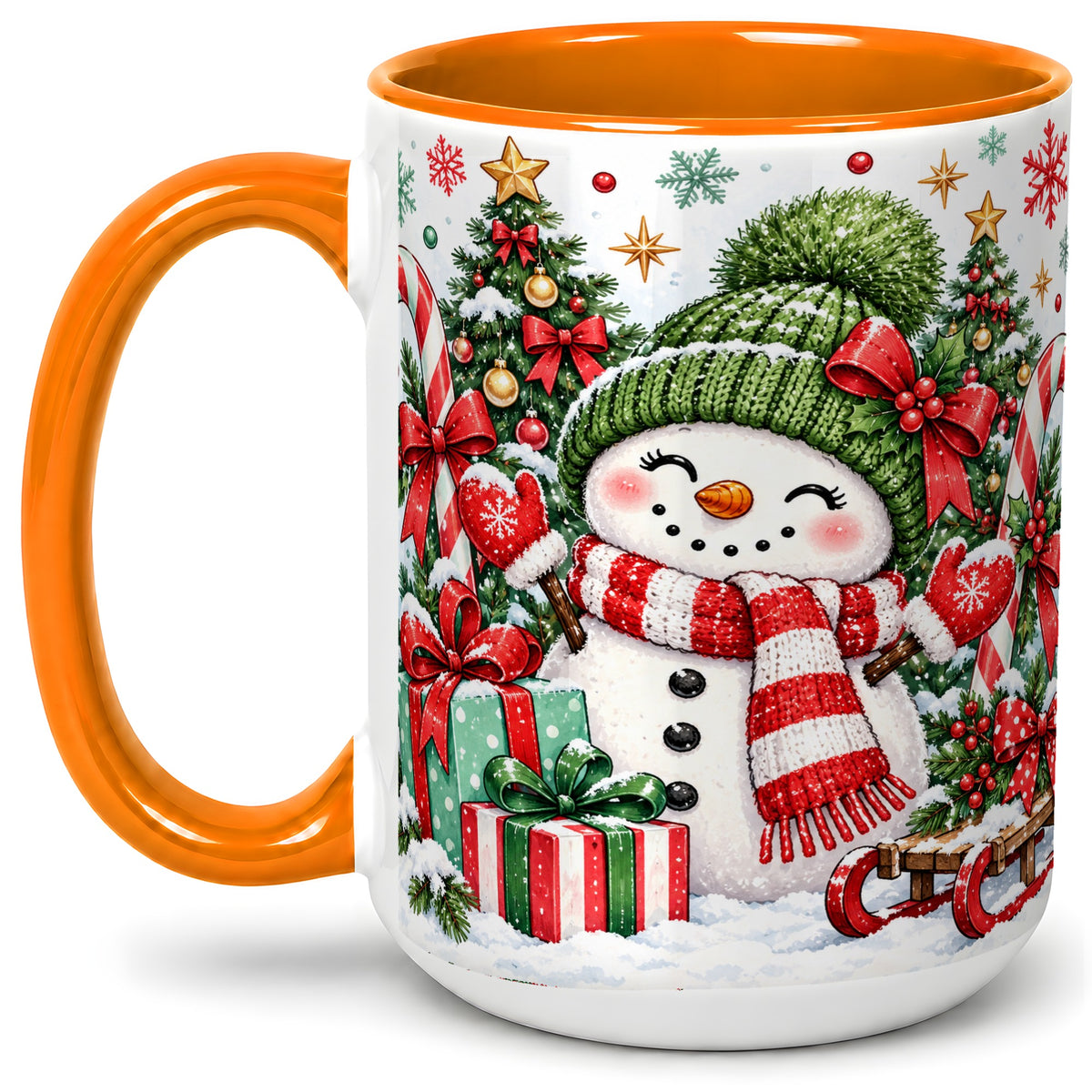 #pl[15oz|Orange] Christmas Snowman Ceramic Mug with Candy Cane Holiday Artwork