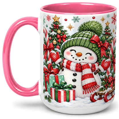 #pl[15oz|Pink] Christmas Snowman Ceramic Mug with Candy Cane Holiday Artwork