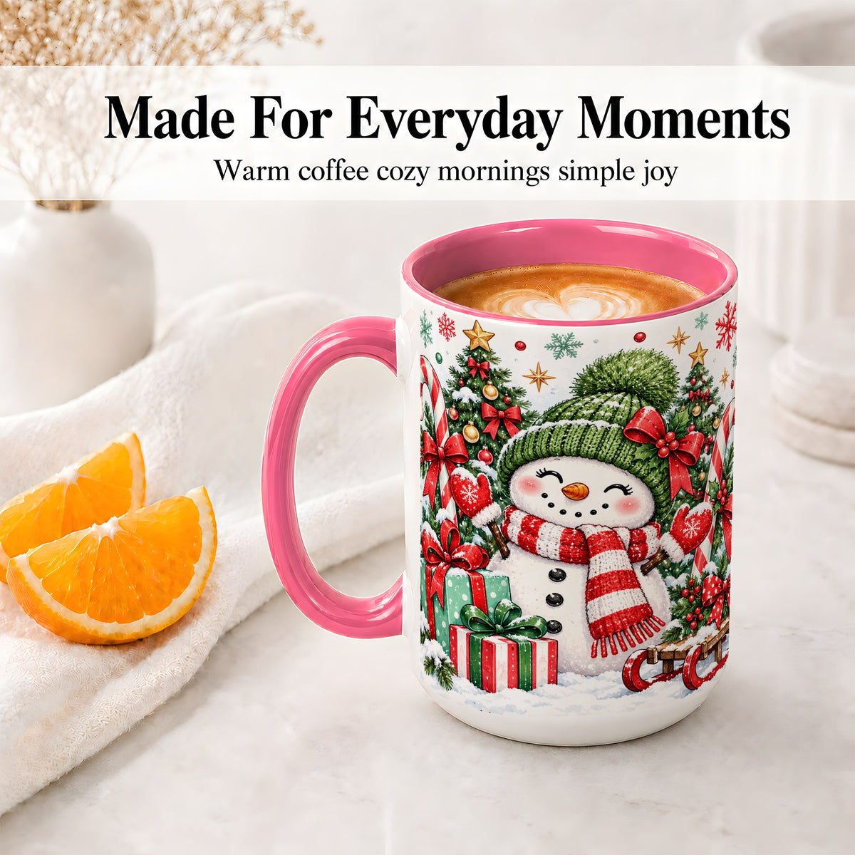 #pl[15oz|Pink] Christmas Snowman Ceramic Mug with Candy Cane Holiday Artwork
