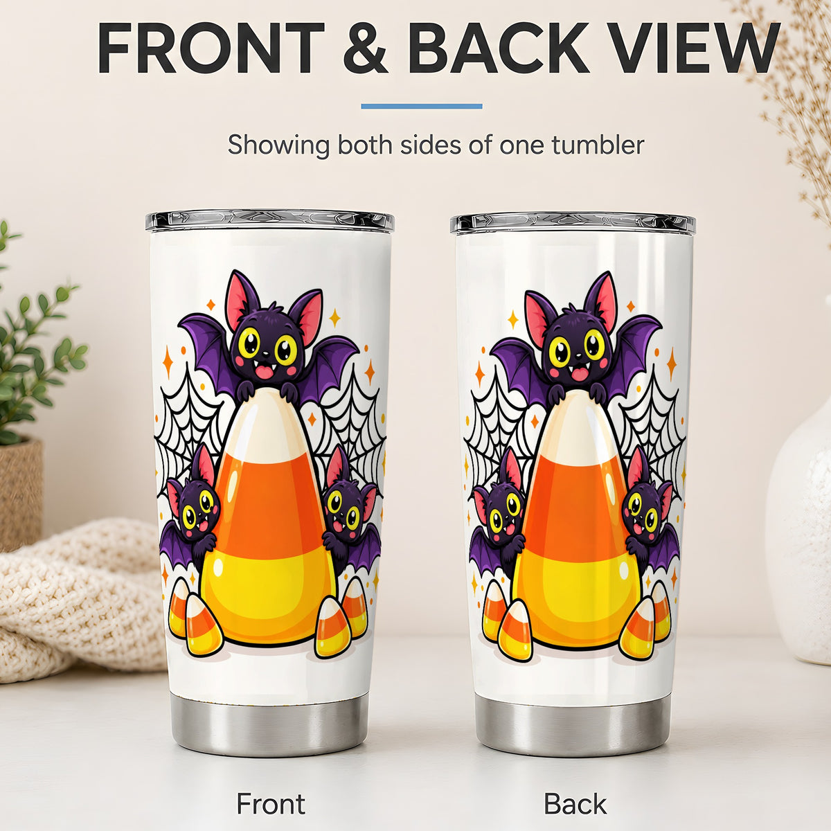 #pl[20oz|Steel] Halloween Bat Candy Corn 20oz Tumbler, Stainless Steel Drinkware