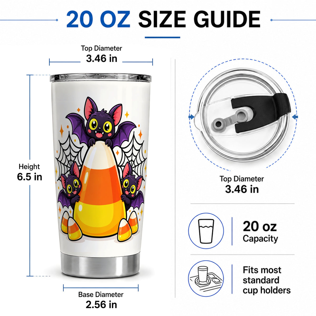 #pl[20oz|Steel] Halloween Bat Candy Corn 20oz Tumbler, Stainless Steel Drinkware