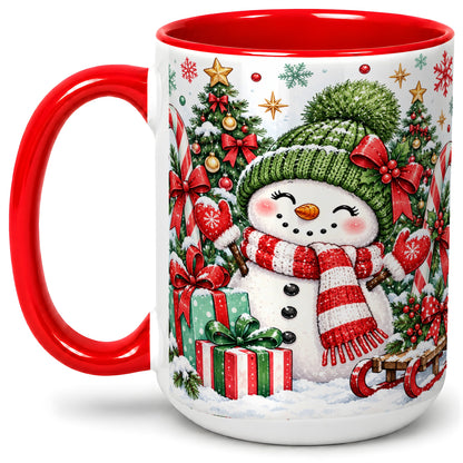 #pl[15oz|Red] Christmas Snowman Ceramic Mug with Candy Cane Holiday Artwork