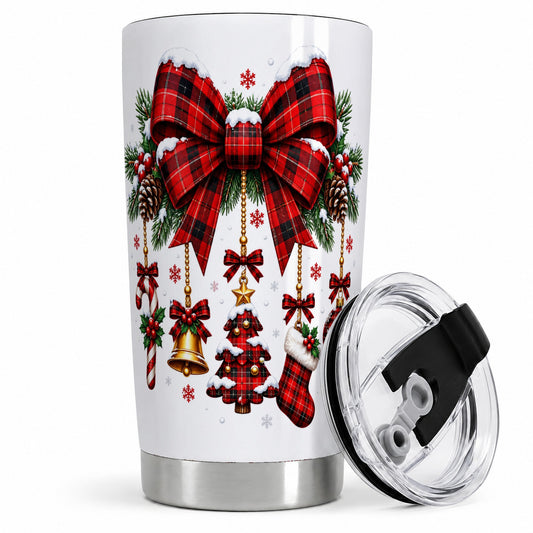 Plaid Christmas Bow 20oz Tumbler, Stainless Steel for Holiday Fans