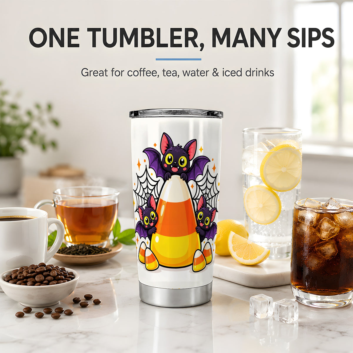 Halloween Bat Candy Corn 20oz Tumbler, Stainless Steel Drinkware