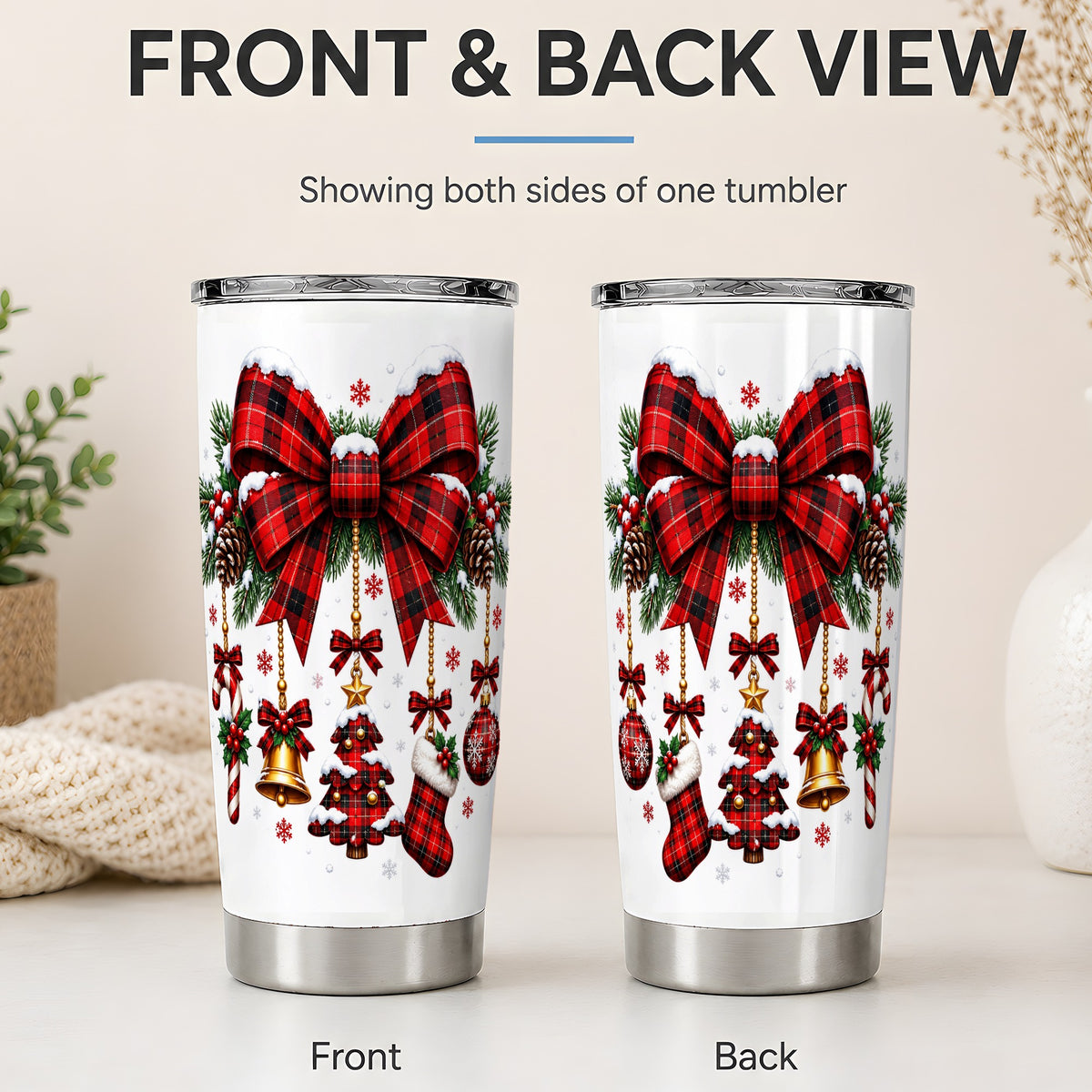 #pl[20oz|Steel] Plaid Christmas Bow 20oz Tumbler, Stainless Steel for Holiday Fans