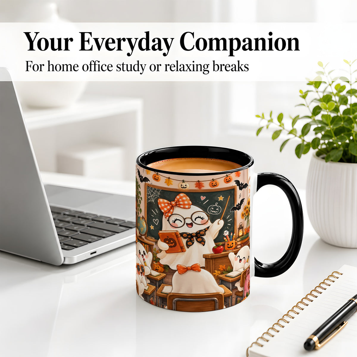 #pl[11oz|Black] Halloween Ghost Teacher Ceramic Mug with Classroom Artwork