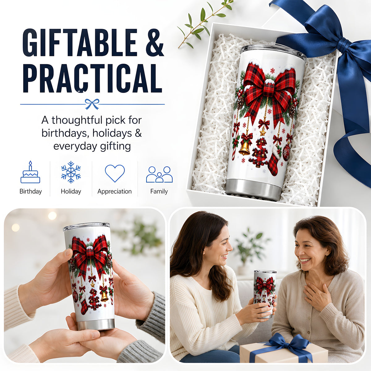 Plaid Christmas Bow 20oz Tumbler, Stainless Steel for Holiday Fans