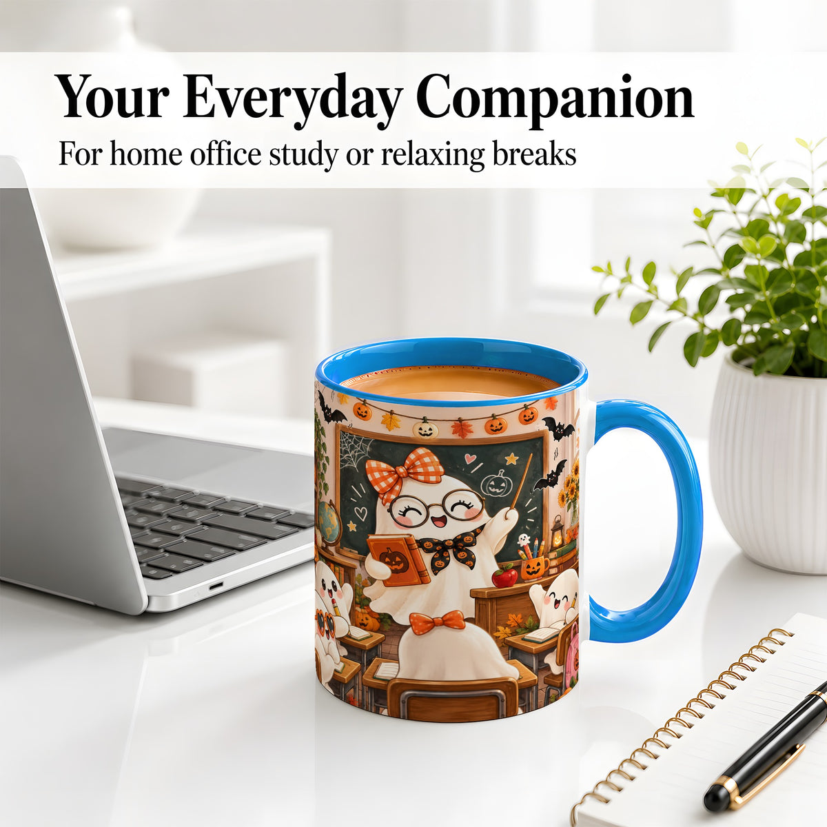 #pl[11oz|Blue] Halloween Ghost Teacher Ceramic Mug with Classroom Artwork
