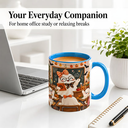#pl[11oz|Blue] Halloween Ghost Teacher Ceramic Mug with Classroom Artwork