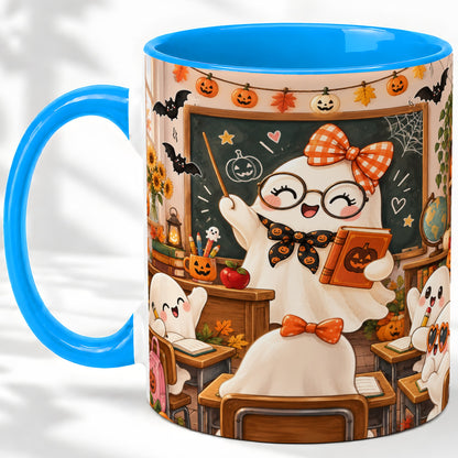 #pl[11oz|Blue] Halloween Ghost Teacher Ceramic Mug with Classroom Artwork