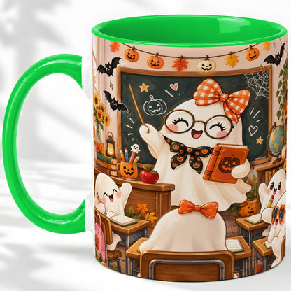#pl[11oz|Green] Halloween Ghost Teacher Ceramic Mug with Classroom Artwork