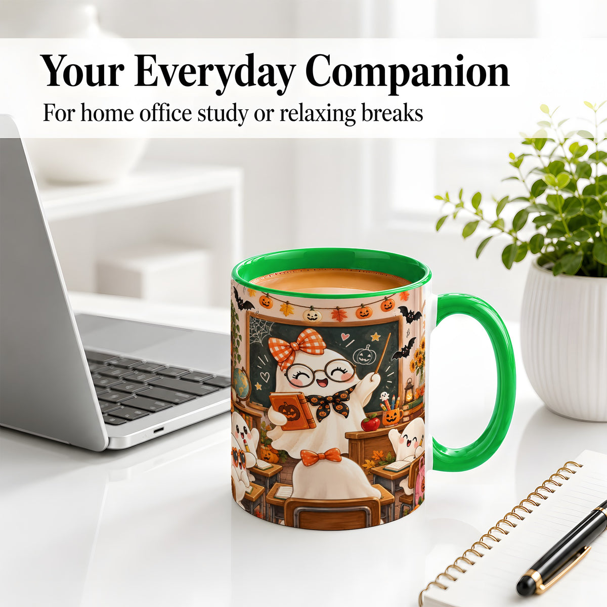 #pl[11oz|Green] Halloween Ghost Teacher Ceramic Mug with Classroom Artwork