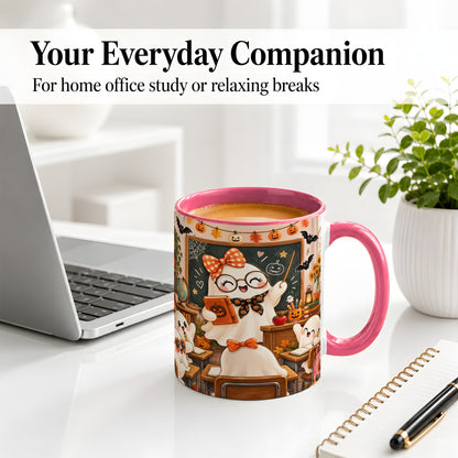 #pl[11oz|Pink] Halloween Ghost Teacher Ceramic Mug with Classroom Artwork