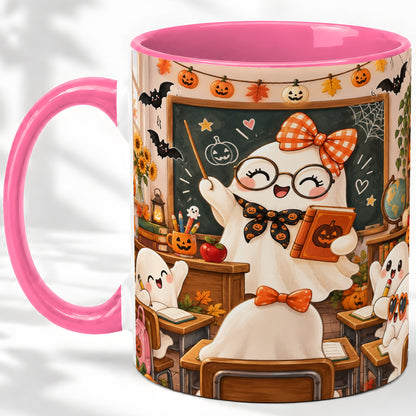 #pl[11oz|Pink] Halloween Ghost Teacher Ceramic Mug with Classroom Artwork