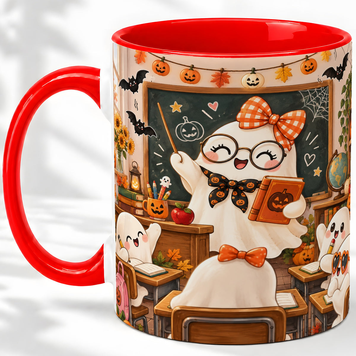 Halloween Ghost Teacher Ceramic Mug with Classroom Artwork