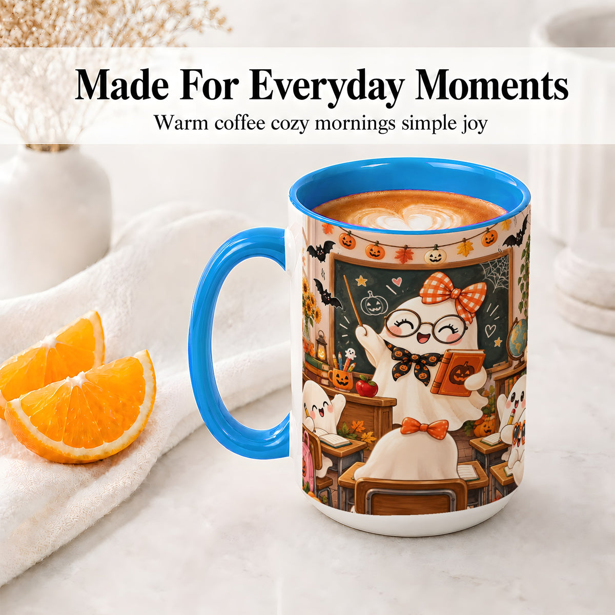 #pl[15oz|Blue] Halloween Ghost Teacher Ceramic Mug with Classroom Artwork
