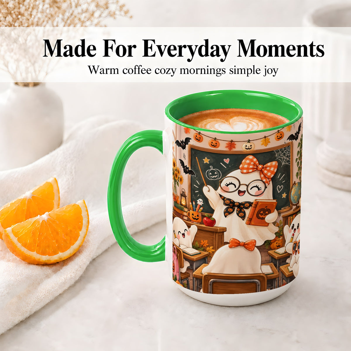 #pl[15oz|Green] Halloween Ghost Teacher Ceramic Mug with Classroom Artwork