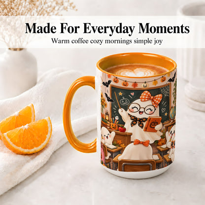 #pl[15oz|Orange] Halloween Ghost Teacher Ceramic Mug with Classroom Artwork
