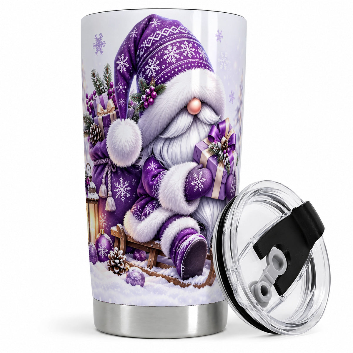 Purple Christmas Gnome 20oz Tumbler with Winter Artwork