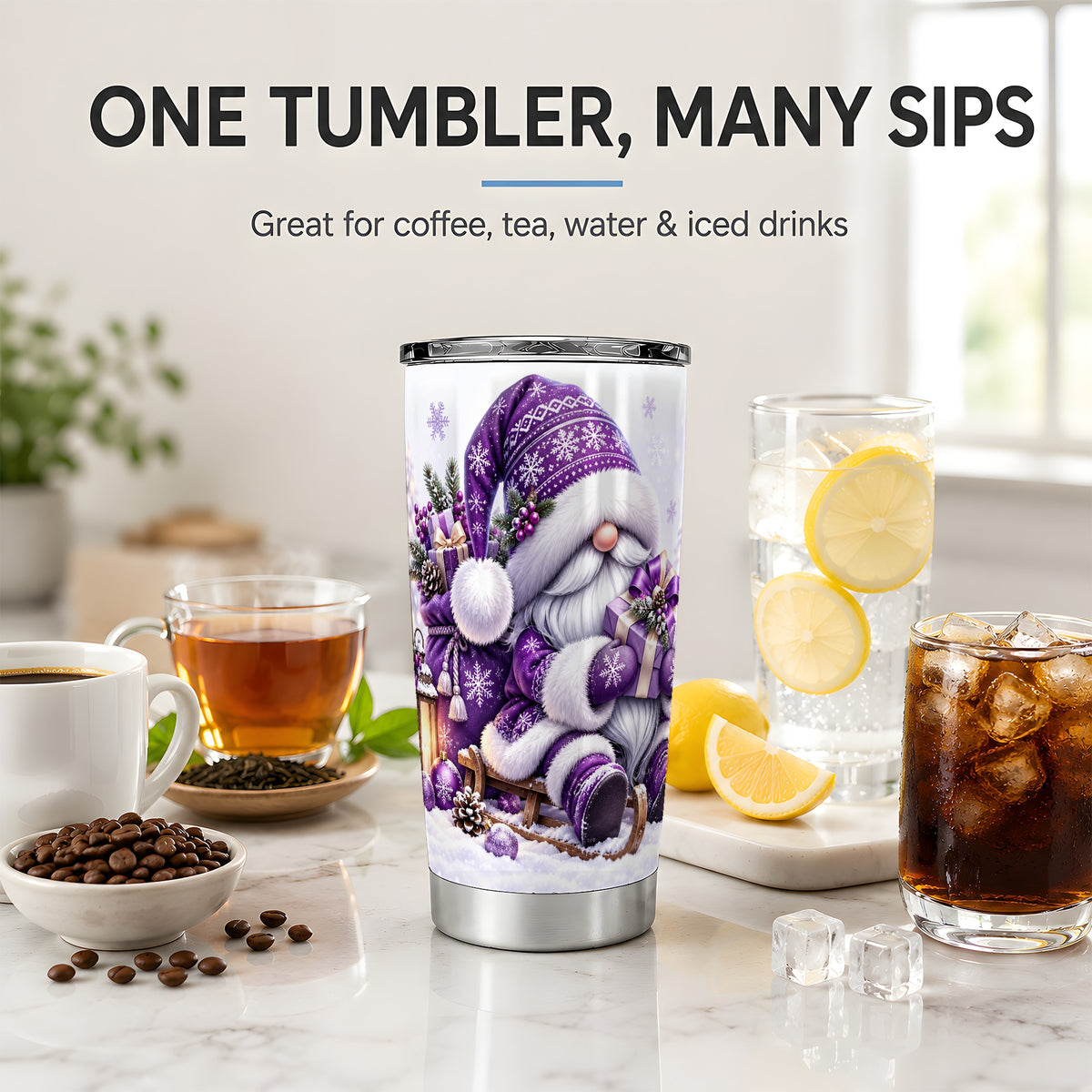 Purple Christmas Gnome 20oz Tumbler with Winter Artwork