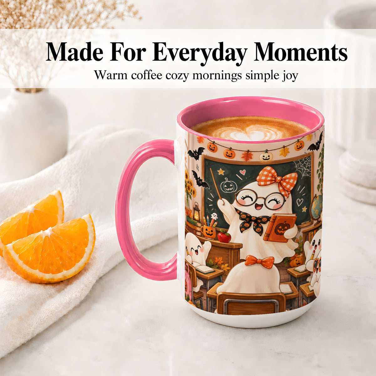 #pl[15oz|Pink] Halloween Ghost Teacher Ceramic Mug with Classroom Artwork