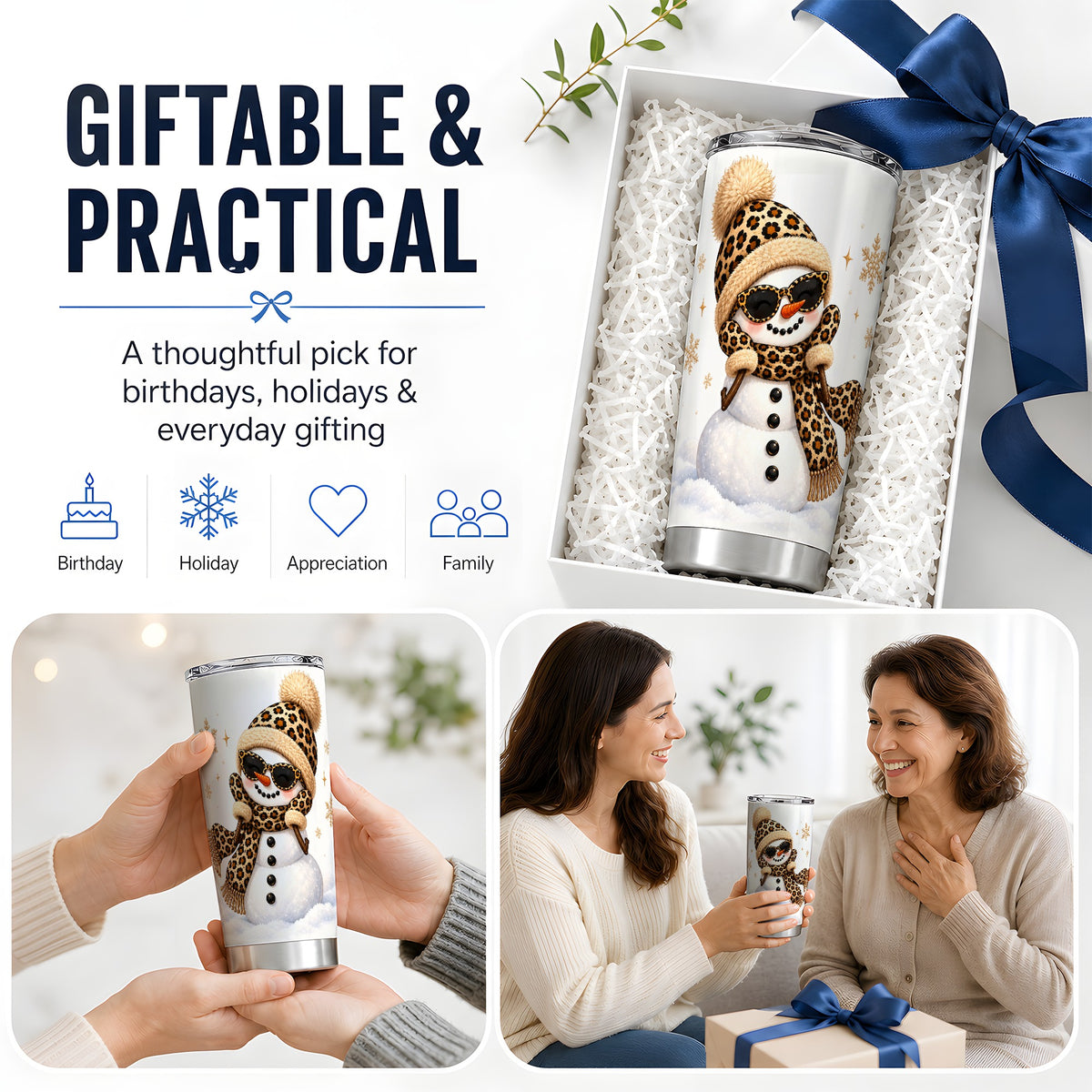 Leopard Snowman Winter 20oz Tumbler with Animal Print Artwork