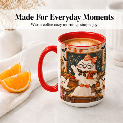 #pl[15oz|Red] Halloween Ghost Teacher Ceramic Mug with Classroom Artwork