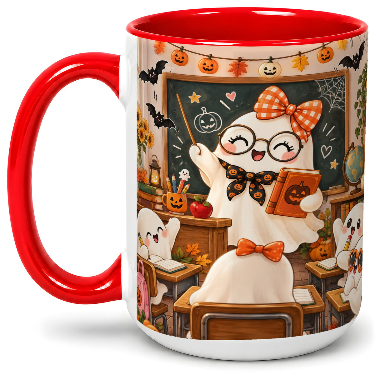 #pl[15oz|Red] Halloween Ghost Teacher Ceramic Mug with Classroom Artwork