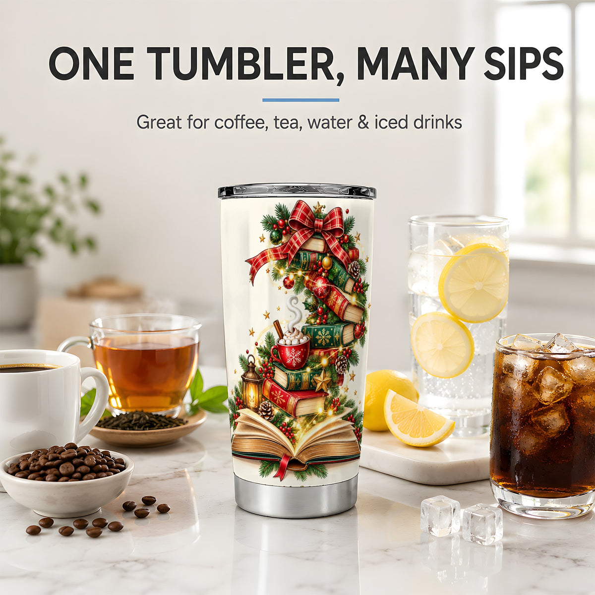 Christmas Book Lover 20oz Tumbler, Cozy Holiday Reading Drinkware