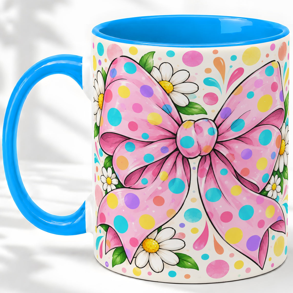 #pl[11oz|Blue] Pink Polka Dot Bow Ceramic Mug with Daisy Floral Artwork