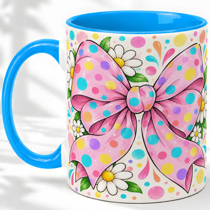 #pl[11oz|Blue] Pink Polka Dot Bow Ceramic Mug with Daisy Floral Artwork