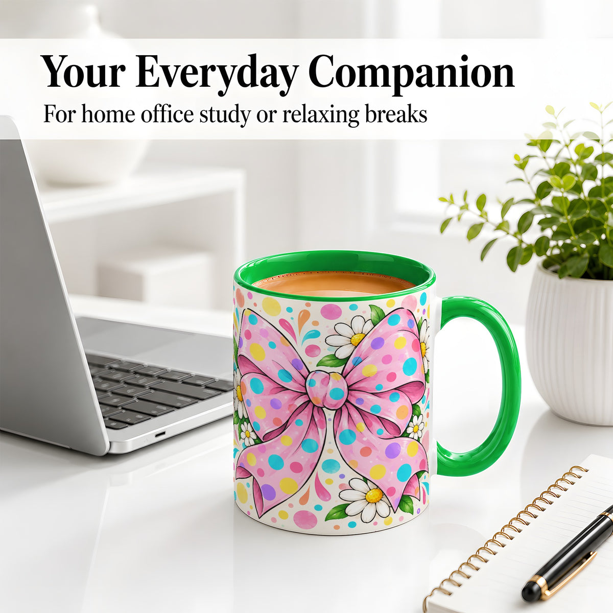 #pl[11oz|Green] Pink Polka Dot Bow Ceramic Mug with Daisy Floral Artwork