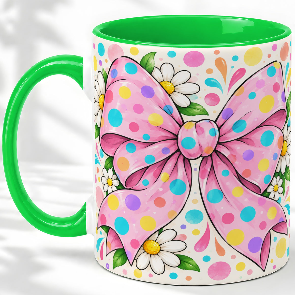 #pl[11oz|Green] Pink Polka Dot Bow Ceramic Mug with Daisy Floral Artwork