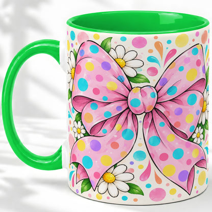 #pl[11oz|Green] Pink Polka Dot Bow Ceramic Mug with Daisy Floral Artwork