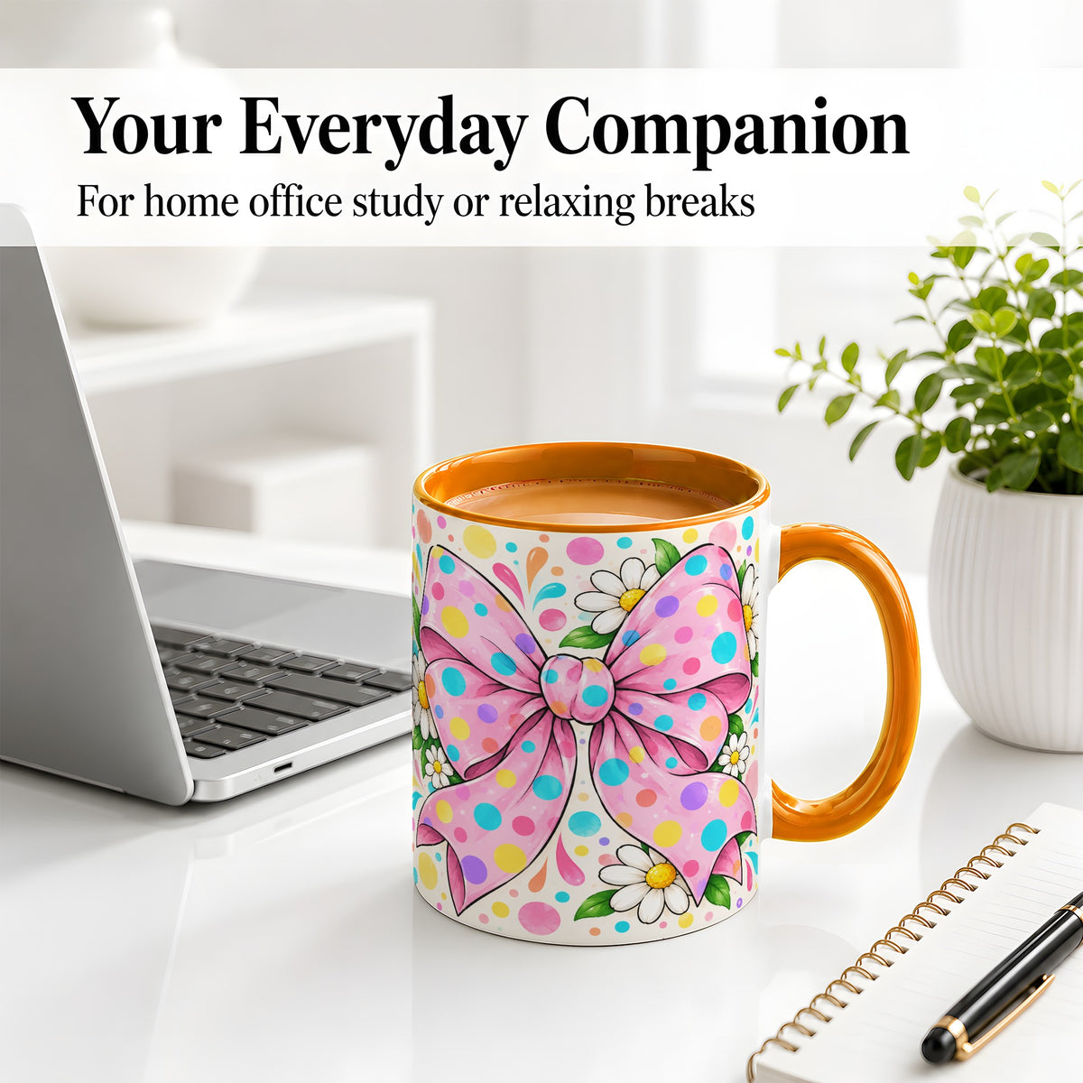 #pl[11oz|Orange] Pink Polka Dot Bow Ceramic Mug with Daisy Floral Artwork