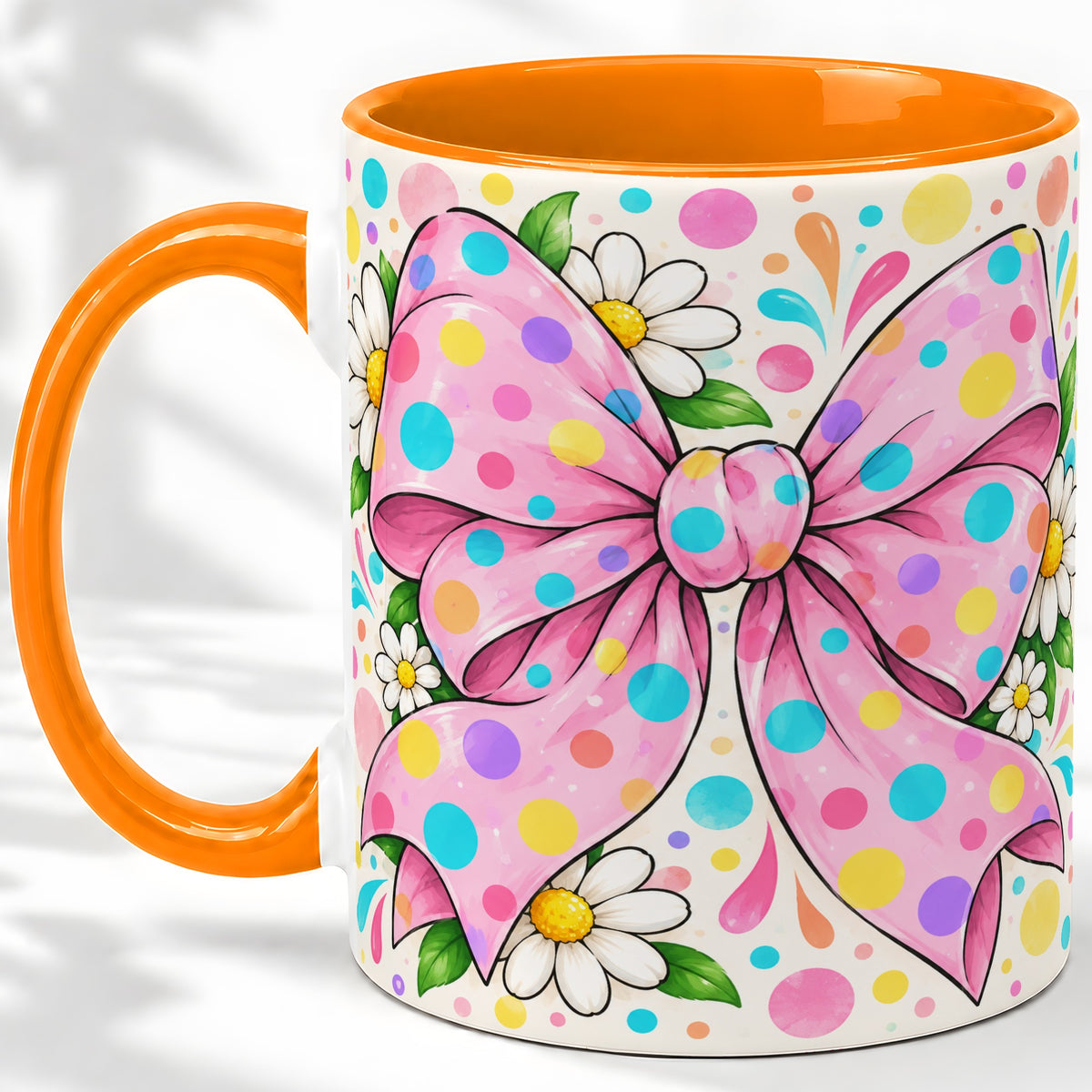 #pl[11oz|Orange] Pink Polka Dot Bow Ceramic Mug with Daisy Floral Artwork