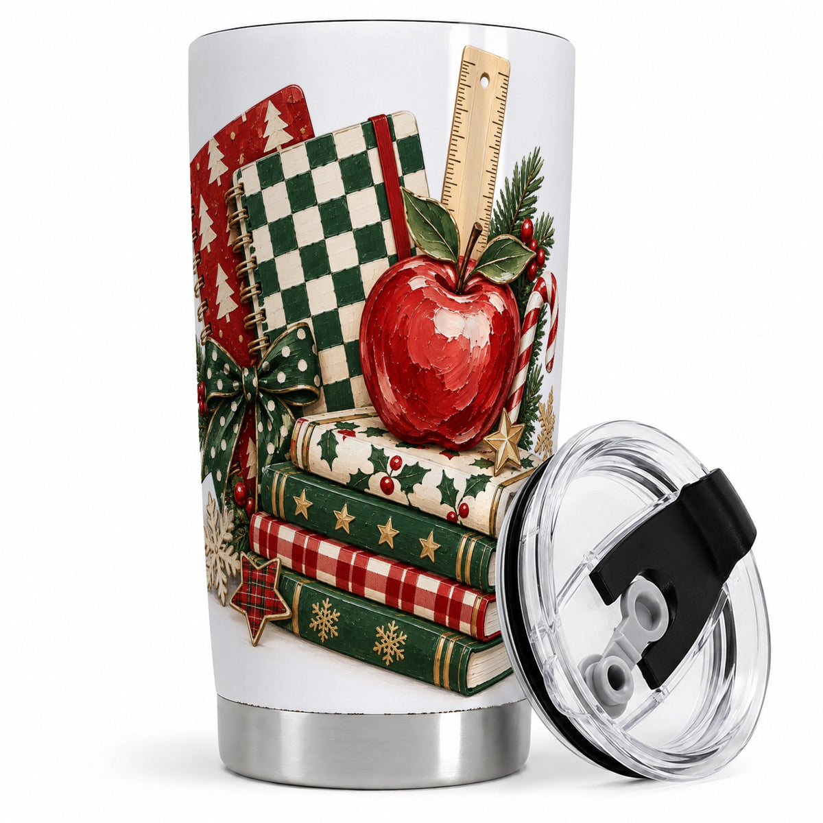 Christmas Teacher Book Lover 20oz Tumbler, Apple Notebook Drinkware