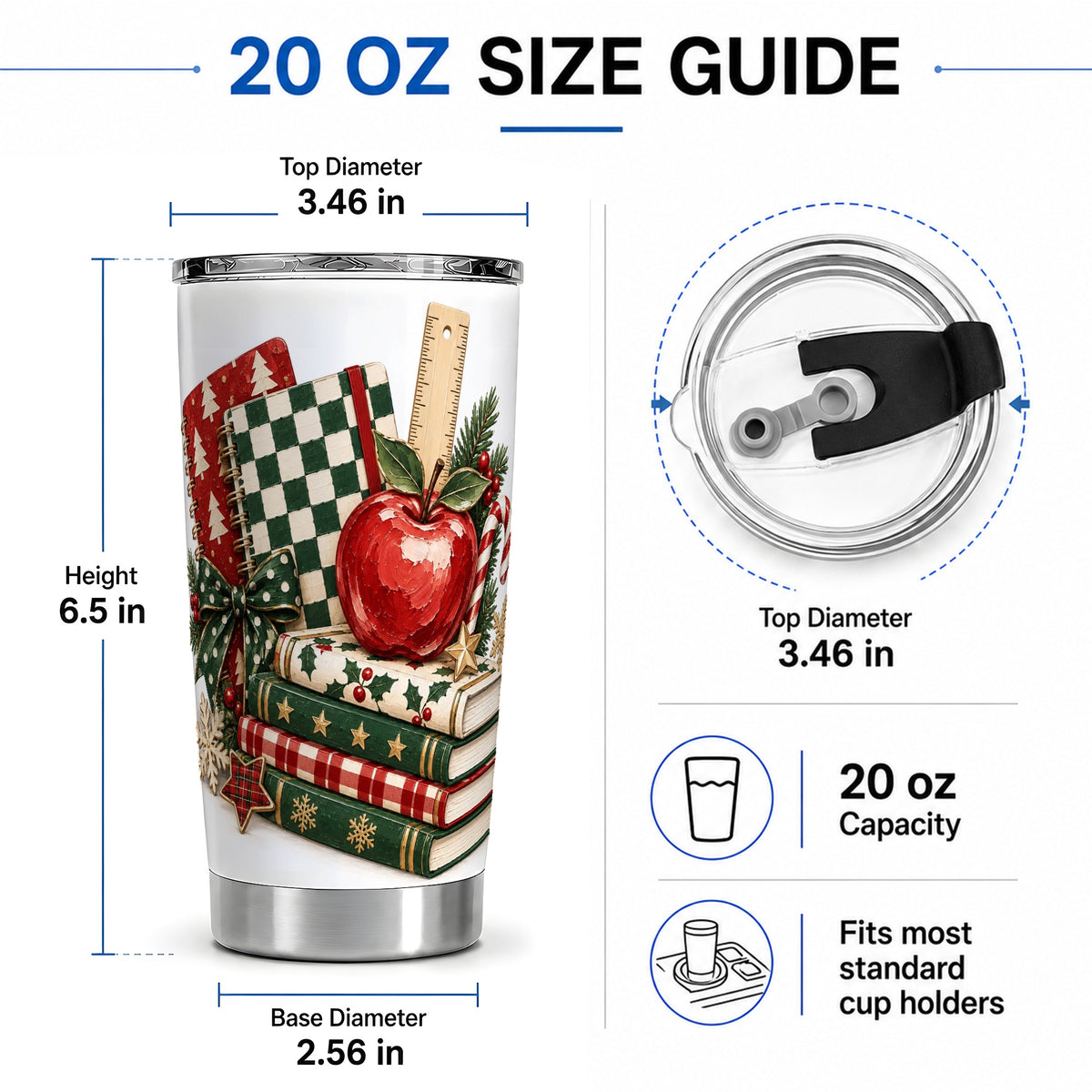 #pl[20oz|Steel] Christmas Teacher Book Lover 20oz Tumbler, Apple Notebook Drinkware