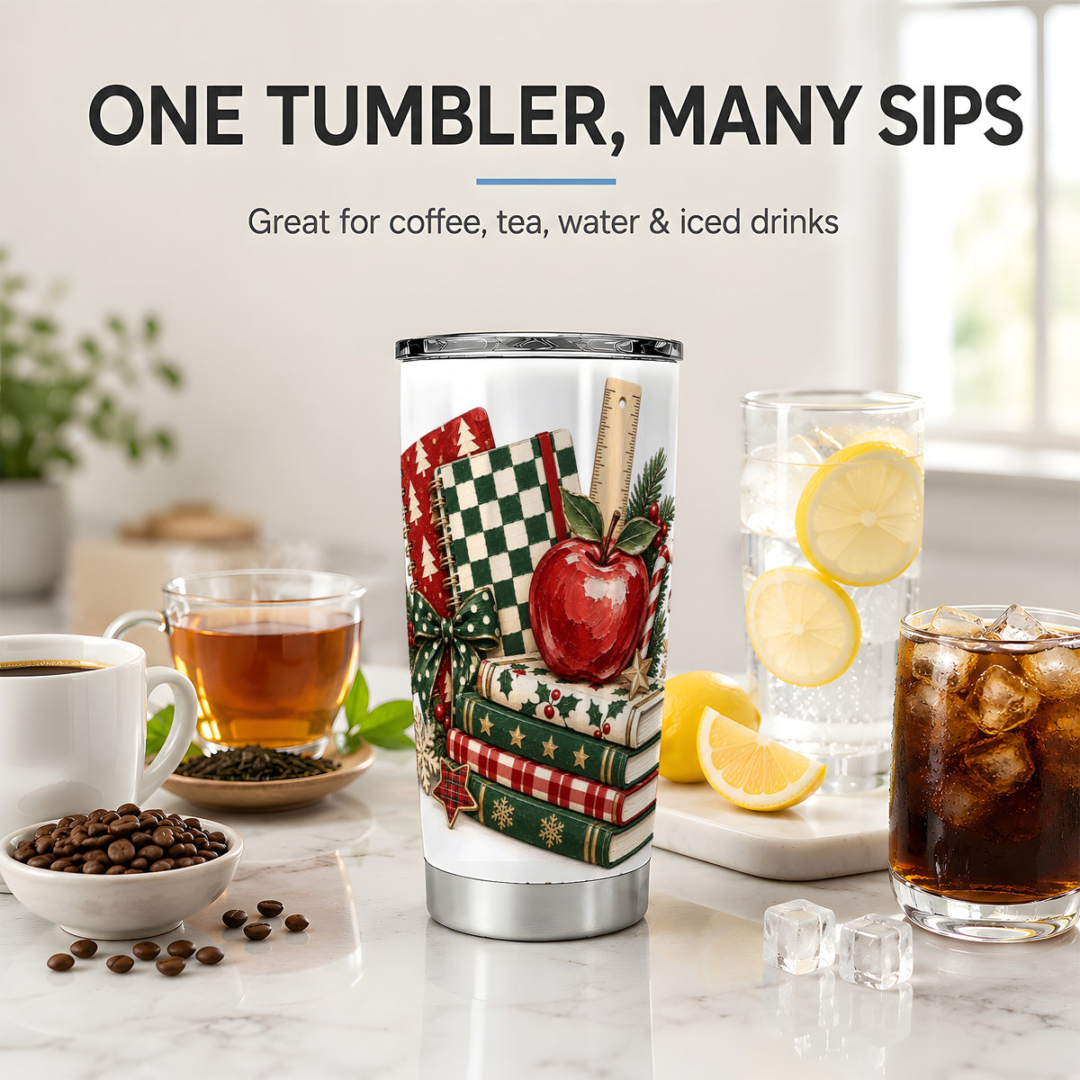 Christmas Teacher Book Lover 20oz Tumbler, Apple Notebook Drinkware