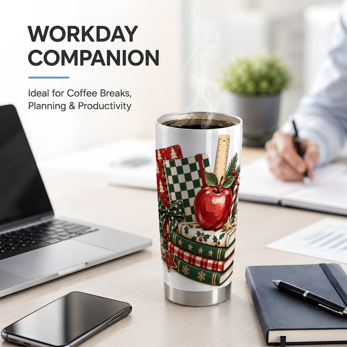 Christmas Teacher Book Lover 20oz Tumbler, Apple Notebook Drinkware