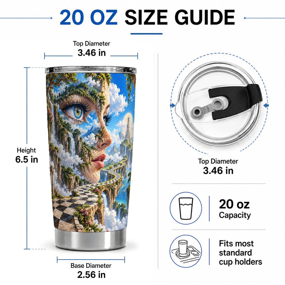 #pl[20oz|Steel] Surreal Fantasy Face 20oz Tumbler, Waterfall Dreamscape Drinkware