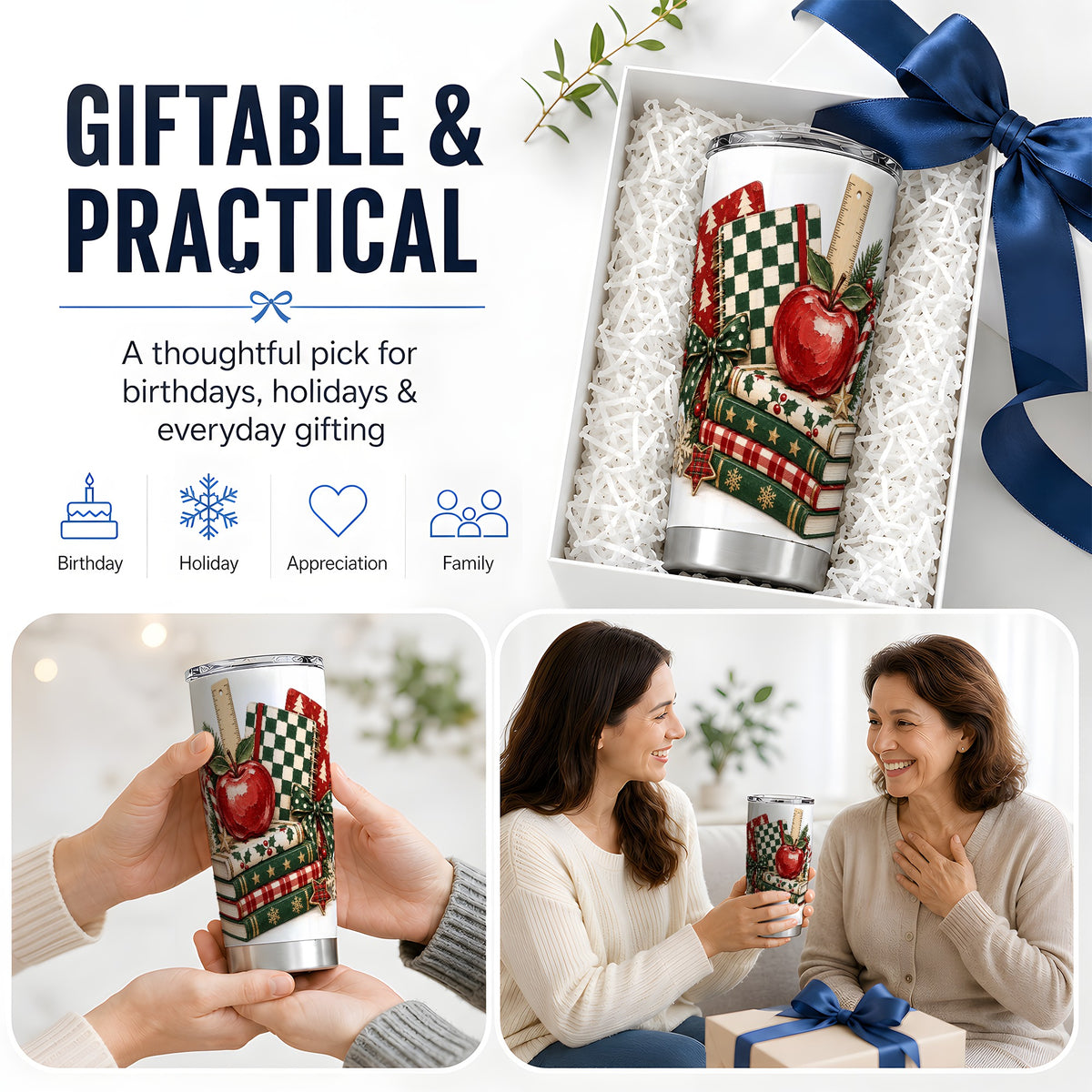 Christmas Teacher Book Lover 20oz Tumbler, Apple Notebook Drinkware