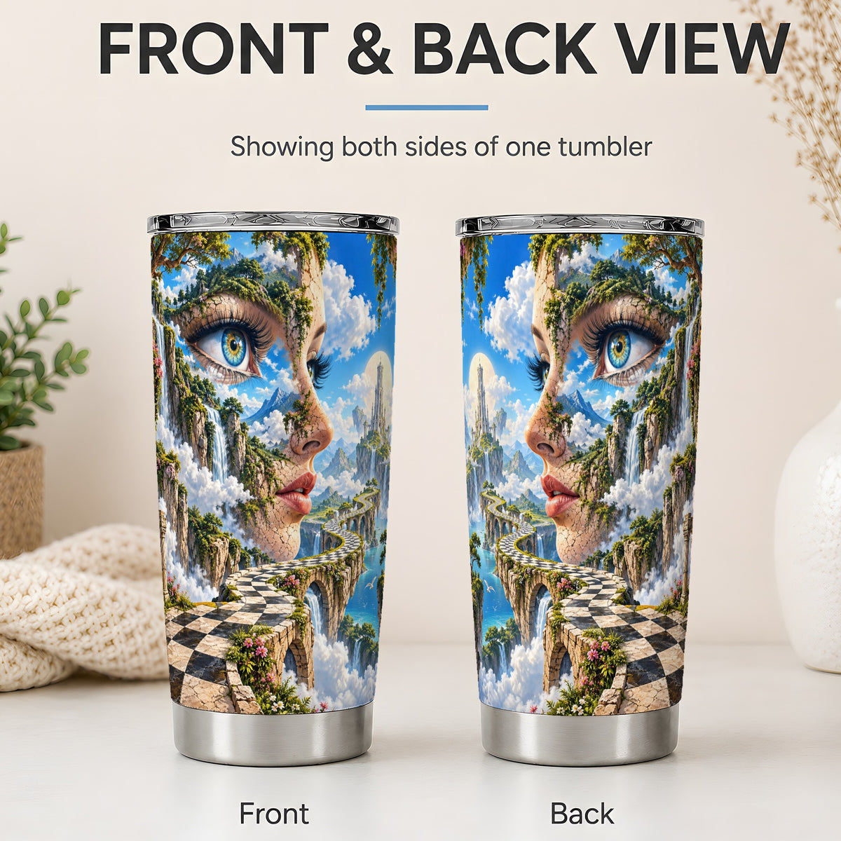 #pl[20oz|Steel] Surreal Fantasy Face 20oz Tumbler, Waterfall Dreamscape Drinkware